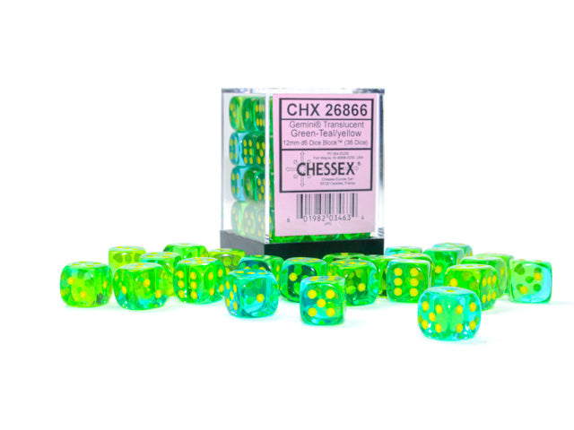 Gemini® 12mm d6 Translucent Green-Teal/yellow Dice Block™ (36 dice) (Chessex) (26866)
