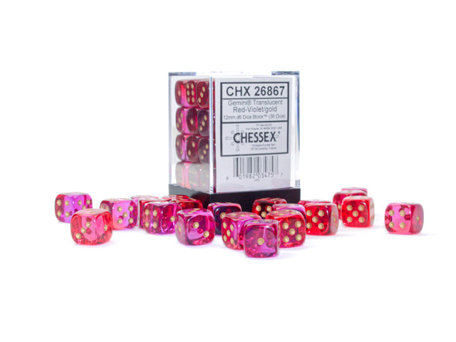 Gemini® 12mm d6 Translucent Red-Violet/gold Dice Block™ (36 dice) (Chessex) (26867)