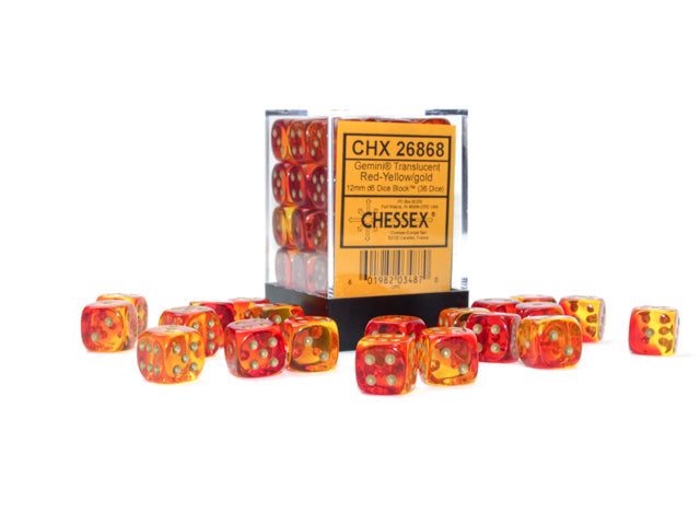 Gemini® 12mm d6 Translucent Red-Yellow/gold Dice Block™ (36 dice) (Chessex) (26868)