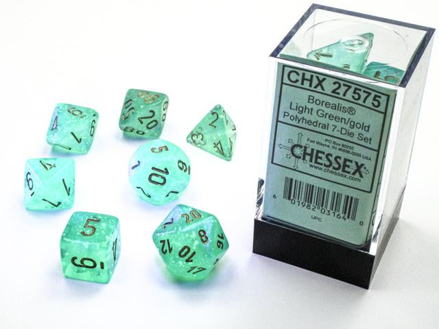 Borealis® Polyhedral Light Green/gold Luminary 7-Die Set (Chessex) (27575)