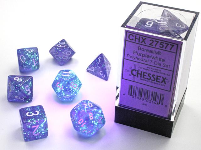Borealis® Polyhedral Purple/white Luminary 7-Die Set (Chessex) (27577)