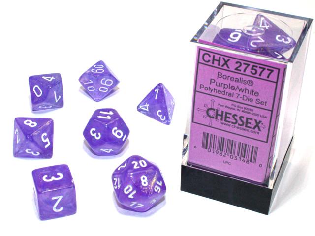 Borealis® Polyhedral Purple/white Luminary 7-Die Set (Chessex) (27577)