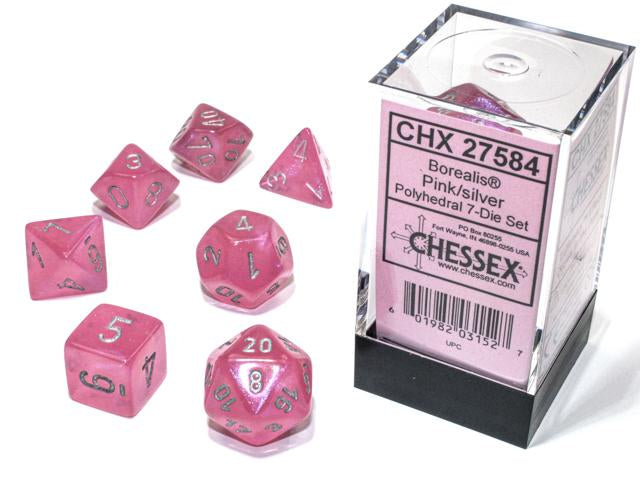 Borealis® Polyhedral Pink/silver Luminary 7-Die Set (Chessex) (27584)