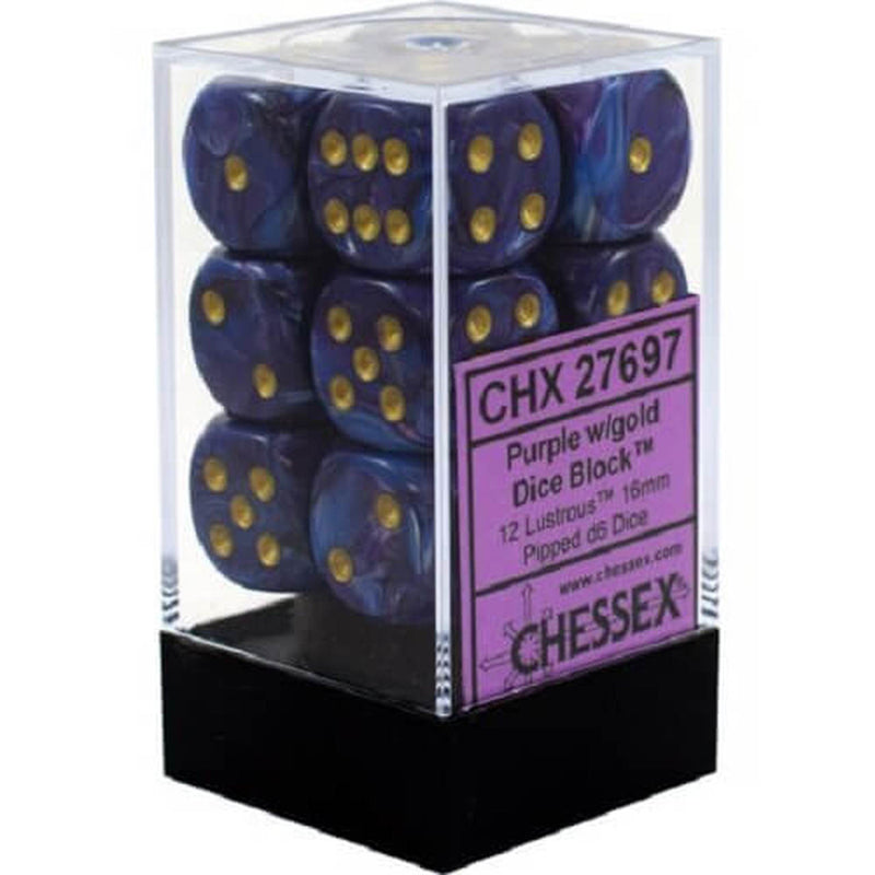 Lustrous™ 16mm d6 Purple/gold Dice Block™ (12 dice) (Chessex) (27697)