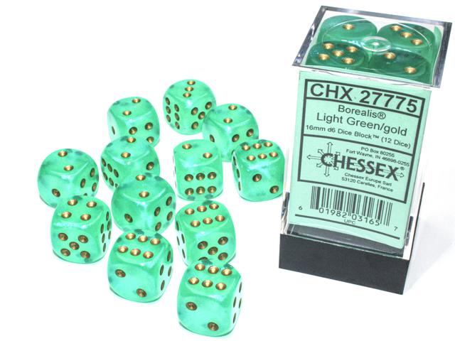 Borealis® 16mm d6 Light Green/gold Luminary Dice Block™ (12 dice) (Chessex) (27775)