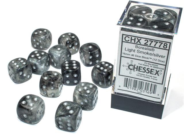 Borealis® 16mm d6 Light Smoke/silver Luminary Dice Block™ (12 dice) (Chessex) (27778)