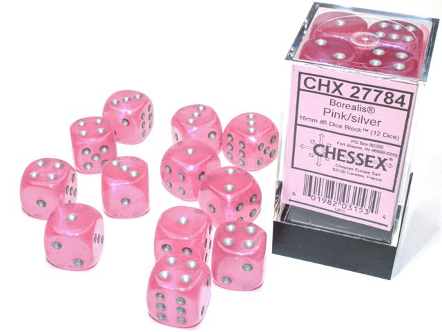 Borealis® 16mm d6 Pink/silver Luminary Dice Block™ (12 dice) (Chessex) (27784)