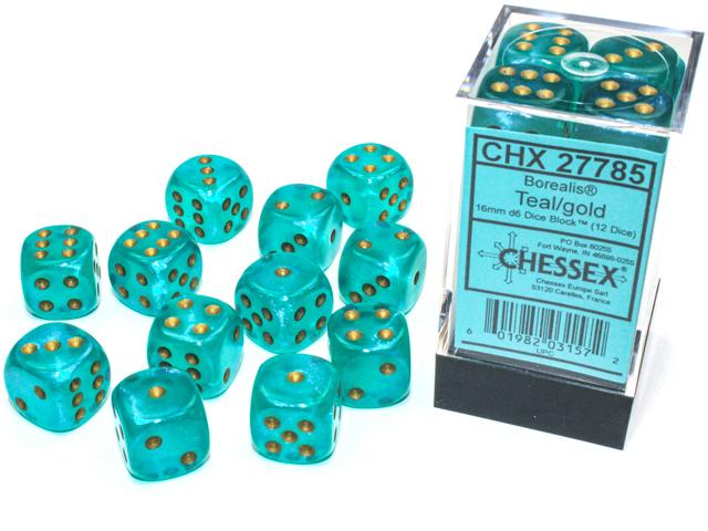 Borealis® 16mm d6 Teal/gold Luminary Dice Block™ (12 dice) (Chessex) (27785)