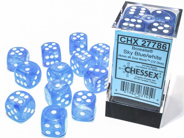 Borealis® 16mm d6 Sky Blue/white LuminaryDice Block™ (12 dice) (Chessex) (27786)