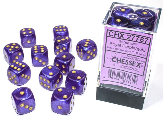 Borealis® 16mm d6 Royal Purple/gold Luminary Dice Block™ (12 dice) (Chessex) (27787)