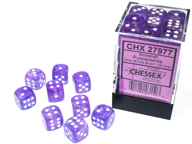 Borealis® 12mm d6 Purple/white Luminary Dice Block™ (36 dice) (Chessex) (27977)