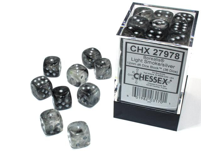 Borealis® 12mm d6 Light Smoke/silver Luminary Dice Block™ (36 dice) (Chessex) (27978)