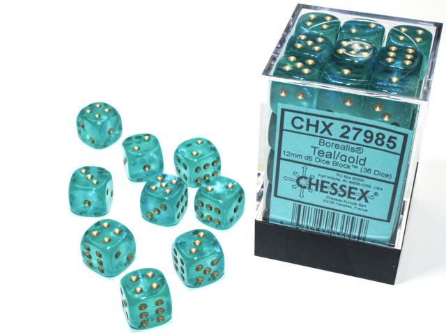Borealis® 12mm d6 Teal/gold Luminary Dice Block™ (36 dice) (Chessex) (27985)