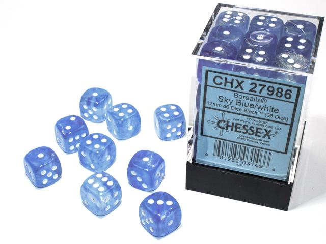 Borealis® 12mm d6 Sky Blue/white Luminary Dice Block™ (36 dice) (Chessex) (27986)