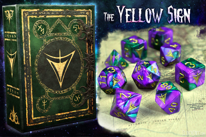 Elder Dice: Yellow Sign Dice - Purple and Green Masked edition Polyhedral Set