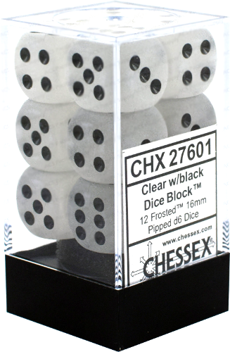 Frosted™ 16mm d6 Clear/black Dice Block™ (Chessex) (27601)