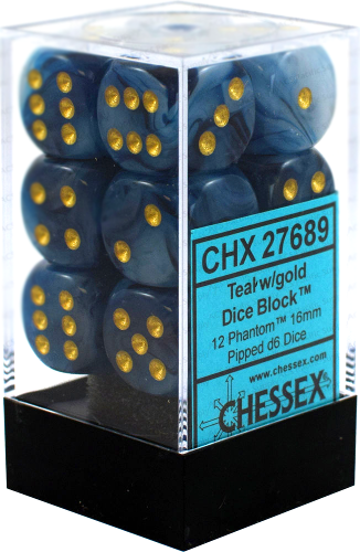 Phantom™ 16mm d6 Teal/gold Dice Block™ (12 dice) (Chessex) (27689)