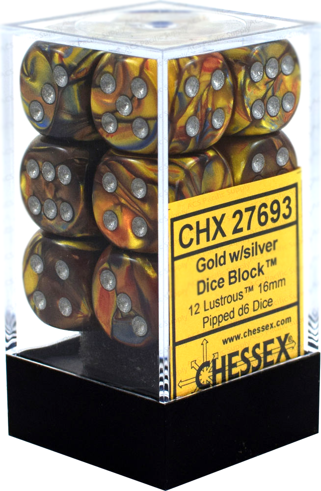 Lustrous™ 16mm d6 Gold/silver Dice Block™ (12 dice) (Chessex) (27693)