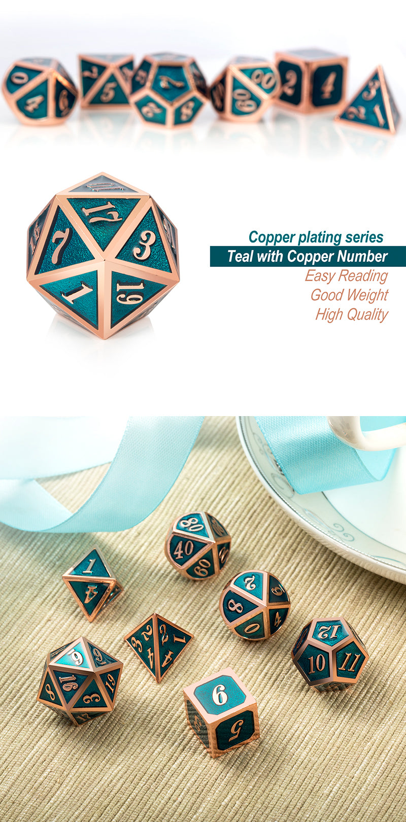 Metal & Enamel Dice Set (7pcs) Teal & Copper