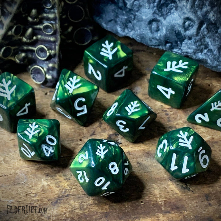 Elder Dice: Lovecraft Elder Sign, Aegis White on Eldritch Green - Polyhedral Dice