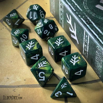 Elder Dice: Lovecraft Elder Sign, Aegis White on Eldritch Green - Polyhedral Dice