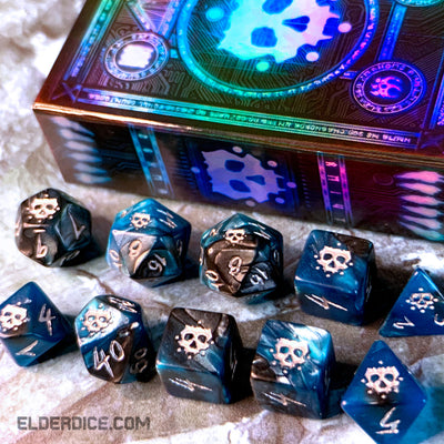 Elder Dice: The Grimm - Silver Ink on Cyan and Black