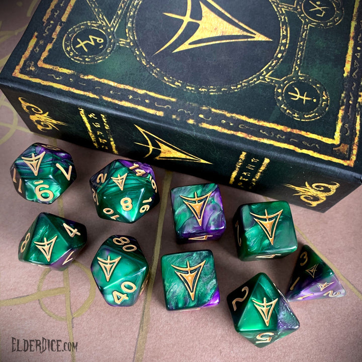 Elder Dice: Yellow Sign Dice - Purple and Green Masked edition Polyhedral Set