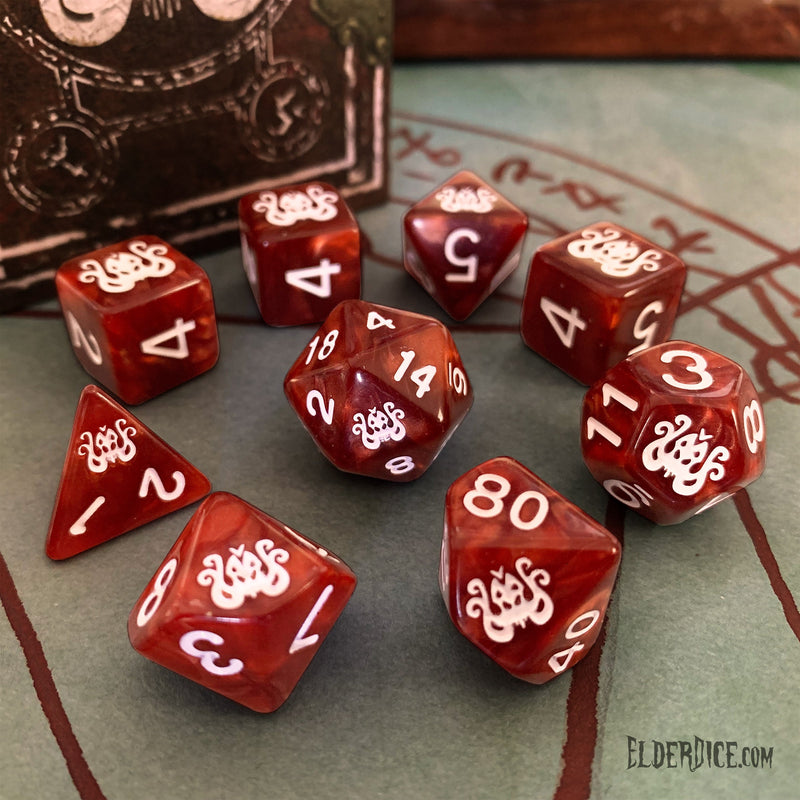 Elder Dice: The Brand of Cthulhu Dice - Bone White on Eldritch Red Polyhedral Set