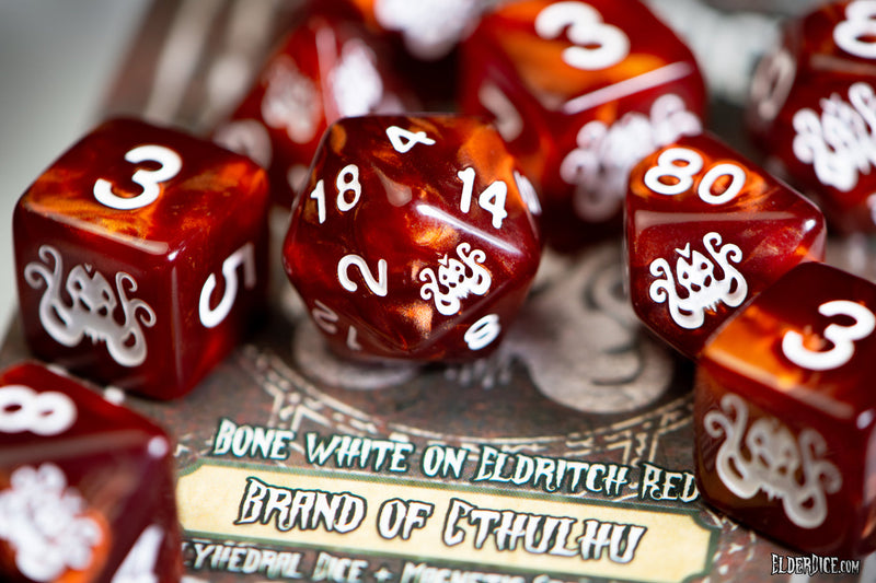 Elder Dice: The Brand of Cthulhu Dice - Bone White on Eldritch Red Polyhedral Set