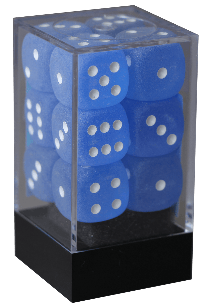 Frosted 16mm D6 blå m/hvid terninger (Chessex) (27606)