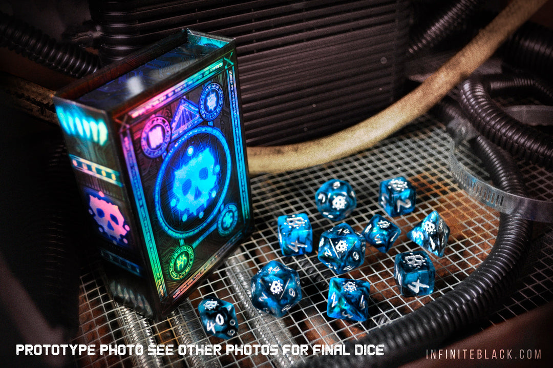 Elder Dice: The Grimm - Silver Ink on Cyan and Black
