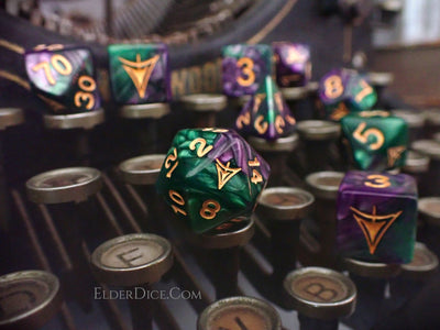 Elder Dice: Yellow Sign Dice - Purple and Green Masked edition Polyhedral Set