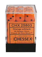 Opaque 12mm D6 orange m/sort terninger (Chessex)(25803)