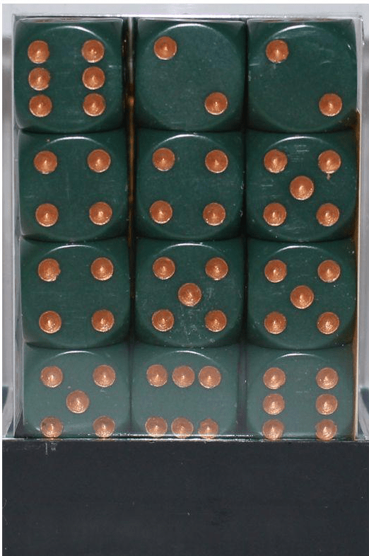 Opaque 12mm D6 støvet grøn m/kobber terninger (25815) (Chessex)