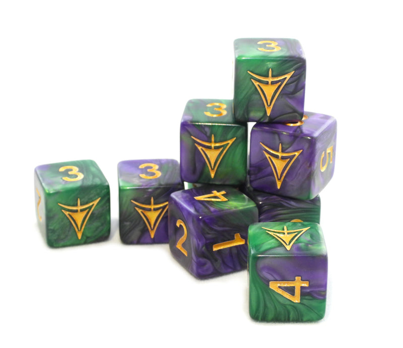 Elder Dice: Yellow Sign - purple and green Masked edition d6 Set