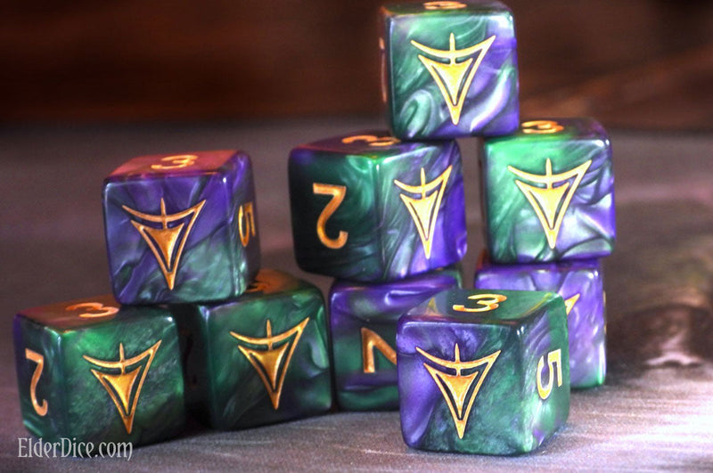 Elder Dice: Yellow Sign - purple and green Masked edition d6 Set