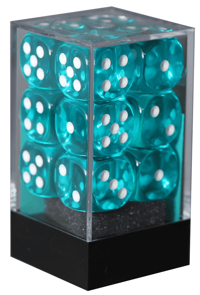 Translucent 16mm D6 blågrøn m/hvid terninger (Chessex) (23615)