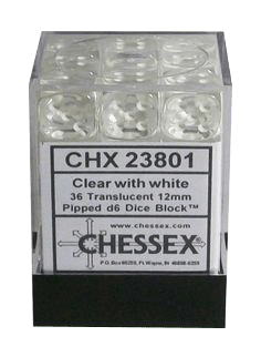 Translucent 12mm D6 klar m/hvid terninger (Chessex) (23801)