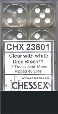 Translucent 16mm D6 klar m/hvid terninger (Chessex) (23601)