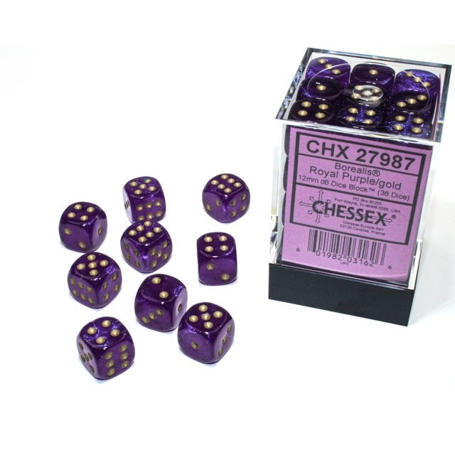 Borealis® 12mm d6 Royal Purple/gold Luminary Dice Block™ (36 dice) (Chessex) (27987)