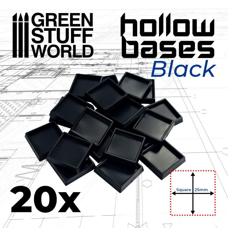 Hollow Black Plastic Bases - Square 25 mm (Green Stuff World)