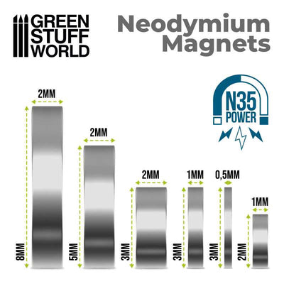 Neodymium Magnets 2x1mm - 50 units (N35) (Green Stuff World)