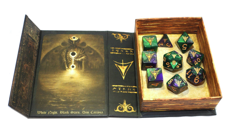 Elder Dice: Yellow Sign Dice - Purple and Green Masked edition Polyhedral Set